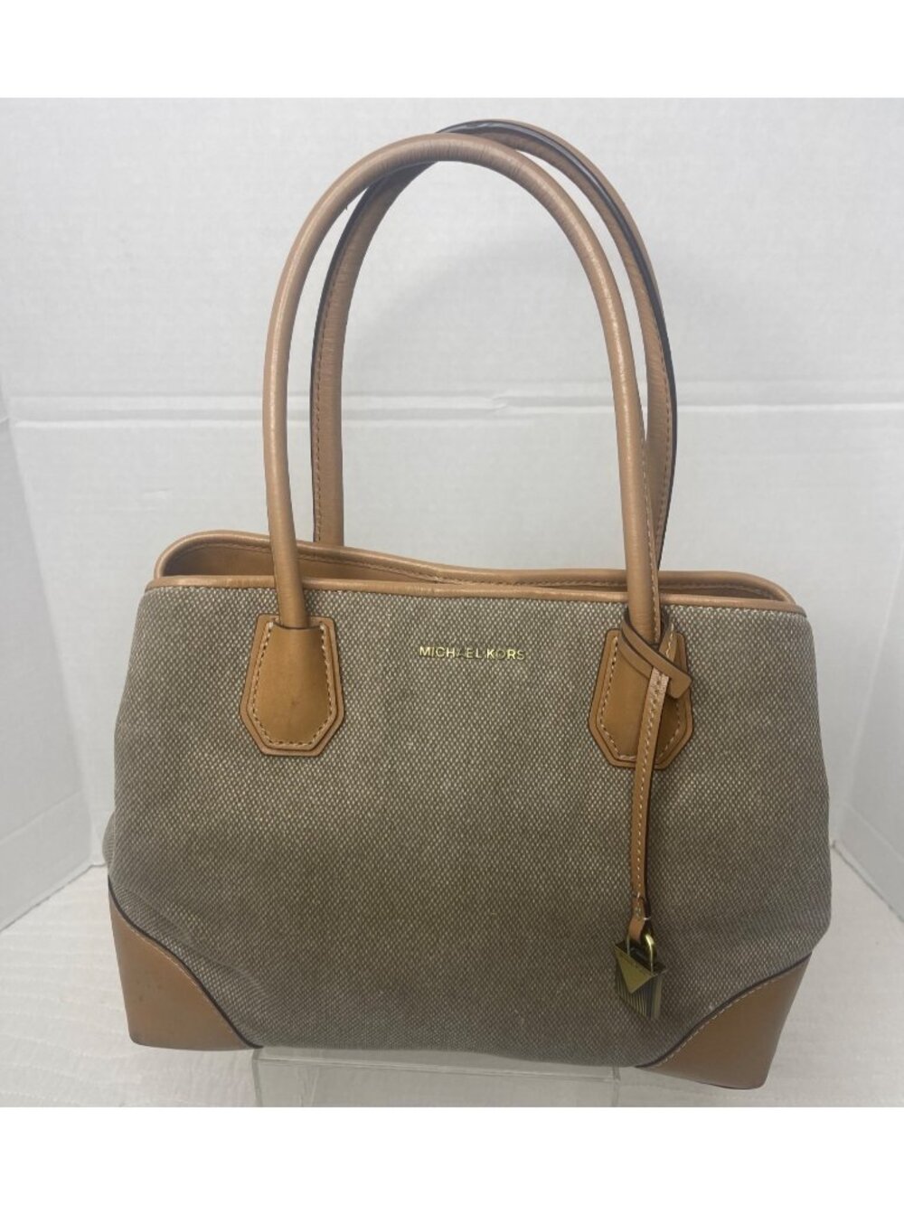 Michael Kors Mercer Gallery Canvas/Leather Tote Bag Satchel Beige Tan NO Strap